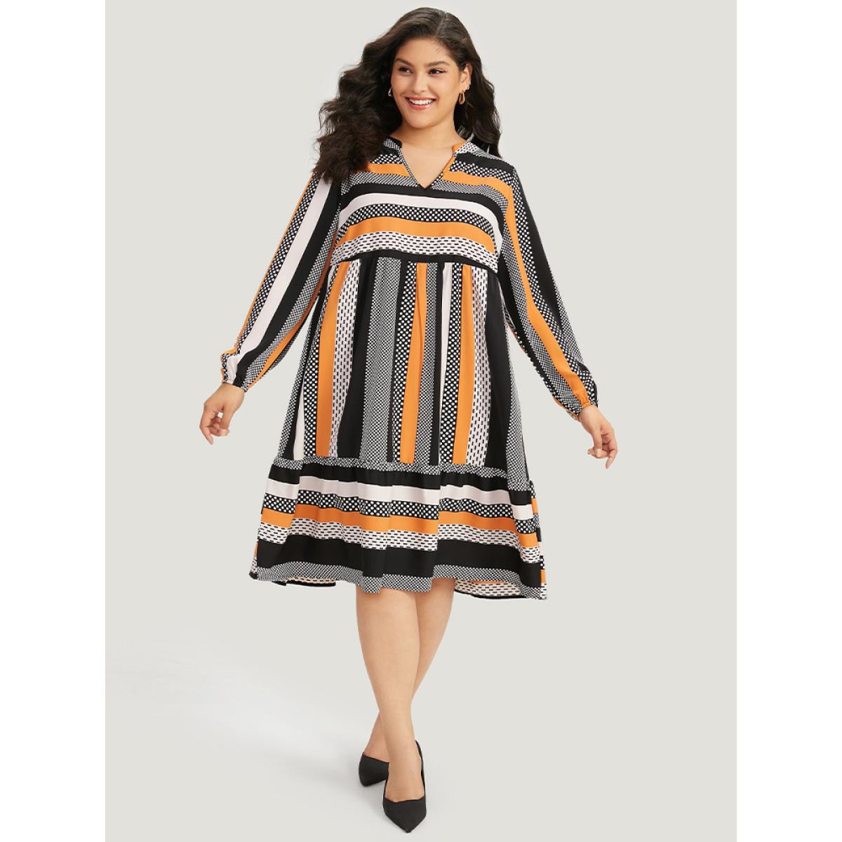 Plus Size Polka Dot & Striped Print Notched Pocket Dress Orange Women Office Elastic cuffs Notched collar Long Sleeve Curvy Midi Dress BloomChic 30/6X Product Image
