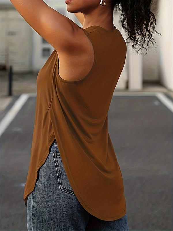 Loose Sleeveless Solid Color Split-Side Round-Neck Cover-Ups Tops Vest Top Product Image