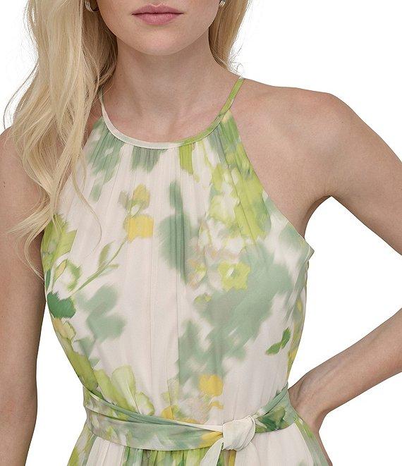 DKNY by Donna Karan Chiffon Floral Print Halter Neck Sleeveless Waist Tie Blouson Midi Dress Product Image