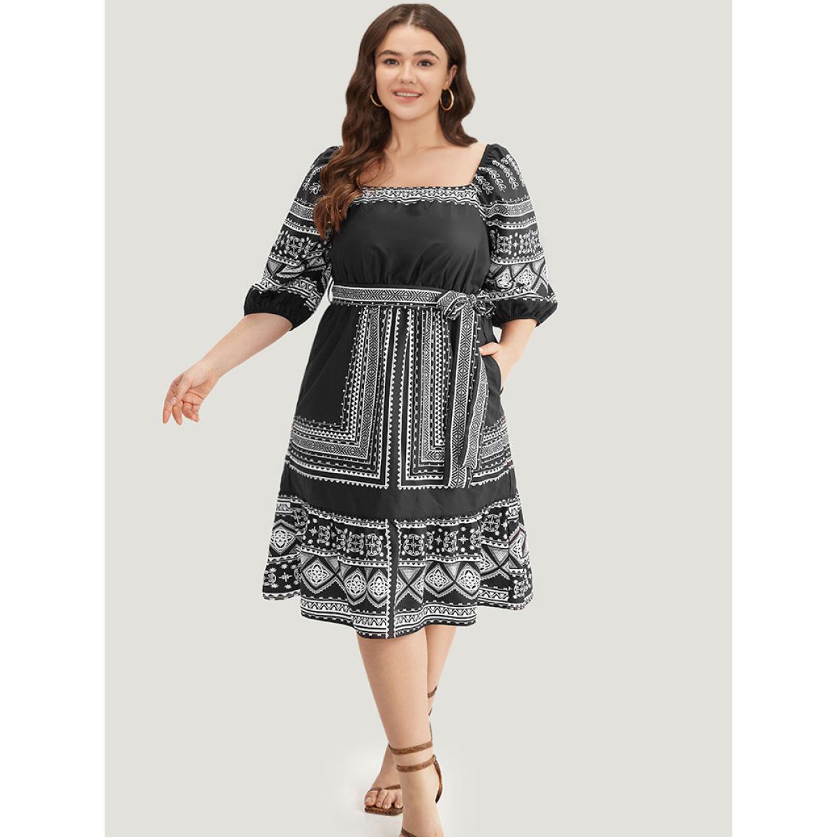 Plus Size Boho Print Square Neck Belted Dress Black Women Vacation Elastic cuffs Square Neck Elbow-length sleeve Curvy Midi Dress BloomChic 30/6X Product Image