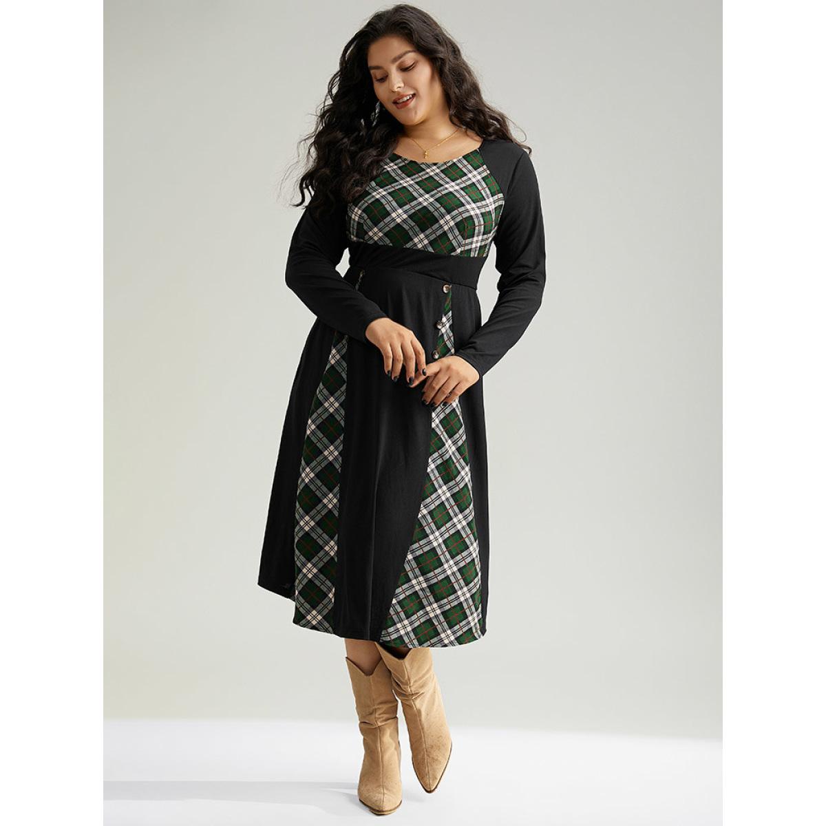 Plus Size Christmas Plaid Patchwork Button Detail Dress Black Women Elegant Printed Round Neck Long Sleeve Curvy Midi Dress BloomChic 18-20/2X Product Image