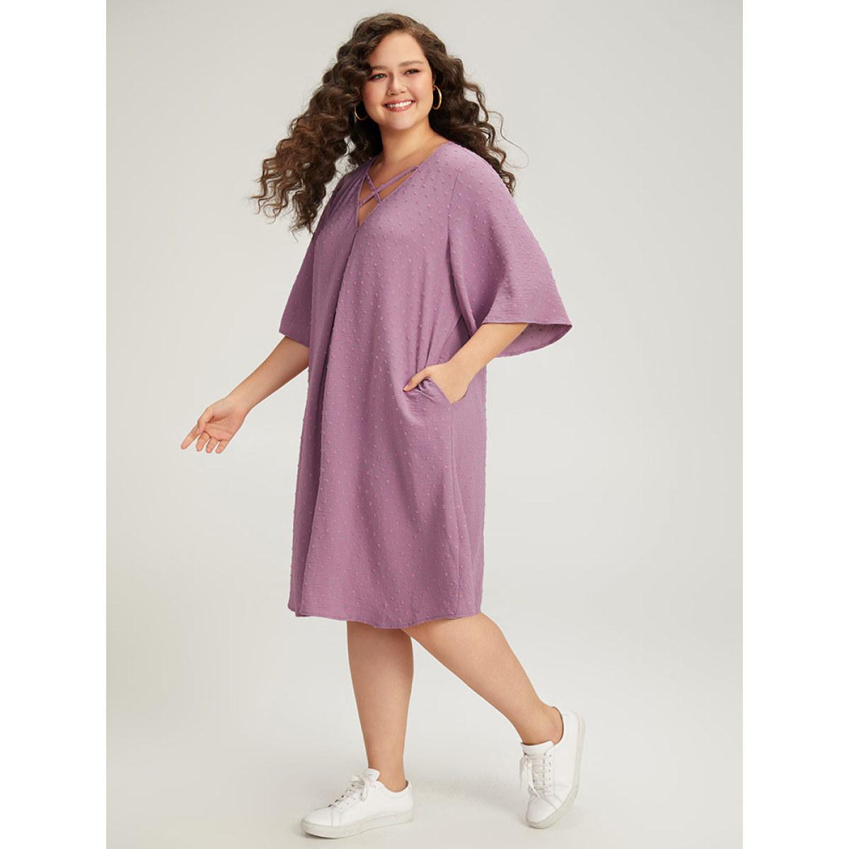 Plus Size Plain Textured Plicated Detail Crisscross Ruffle Sleeve Dress Lilac Women Casual Texture V-neck Half Sleeve Curvy Midi Dress BloomChic 14-16/1X Product Image