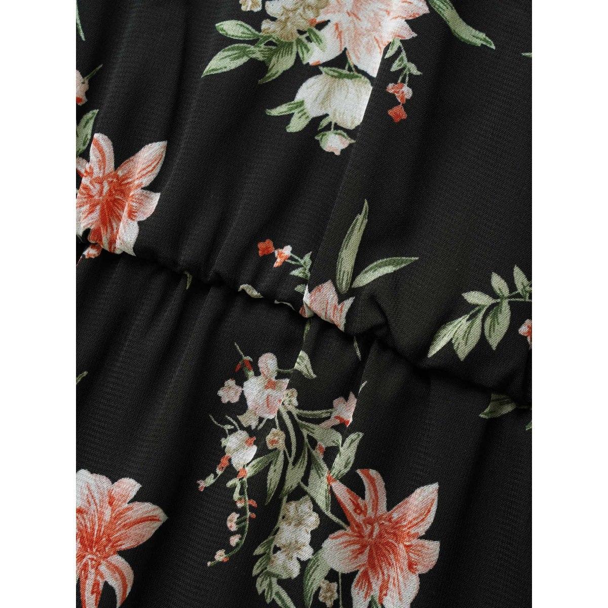 Plus Size Surplice Neck Chiffon Floral Belted Dress Black Women Elegant See through V-neck Short sleeve Curvy BloomChic 30/6X Product Image
