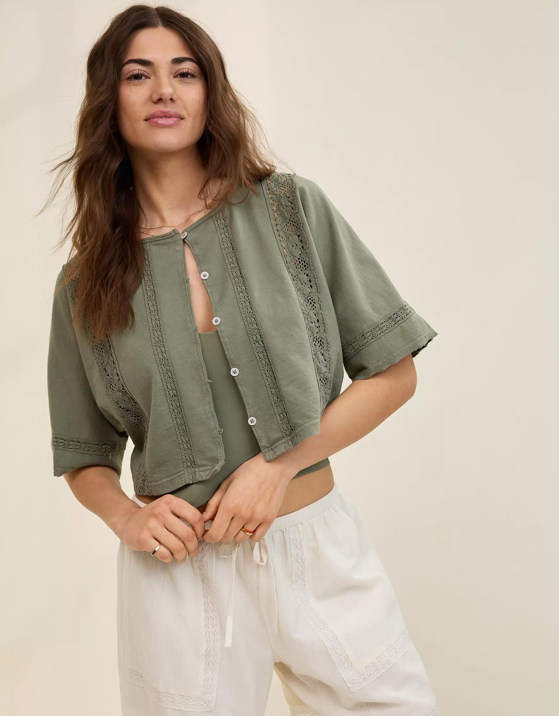 Aerie Short Sleeve Crochet Cardigan Product Image