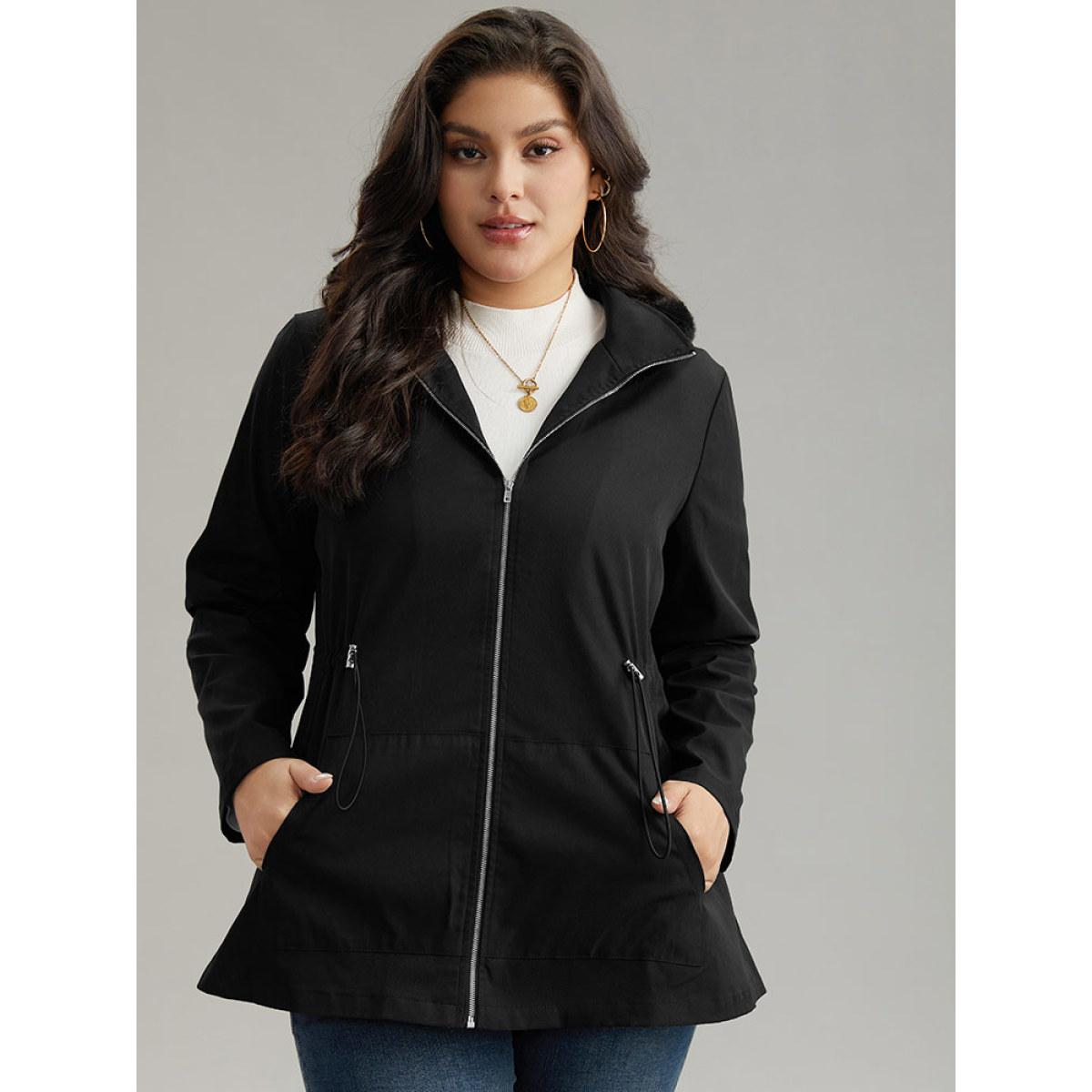 Plus Size Plain Zipper Hooded Pocket Drawstring Coat Women Black Casual Plain Ladies Dailywear Winter Coats BloomChic 28/5X Product Image