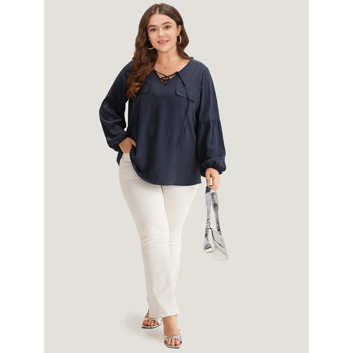 Plus Size Indigo Solid Elastic Cuffs Lace Up Blouse Women Office Long Sleeve V-neck Office Blouses BloomChic 10/M Product Image