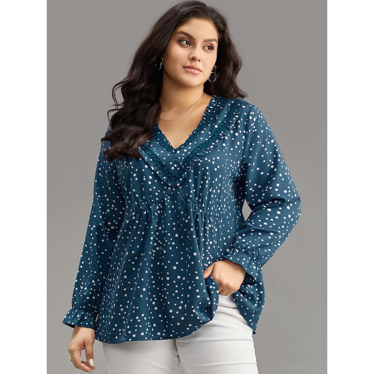 Plus Size Aegean Guipure Lace Polka Dot Blouse Women Elegant Long Sleeve V-neck Dailywear Blouses BloomChic 18-20/2X Product Image