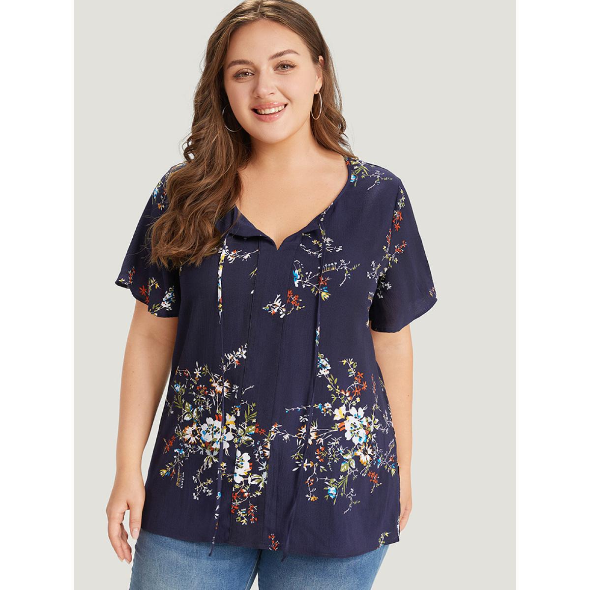 Plus Size Blue Floral Print Knot Neck Blouse Women Elegant Short sleeve Tie Neck Dailywear Blouses BloomChic 10/M Product Image