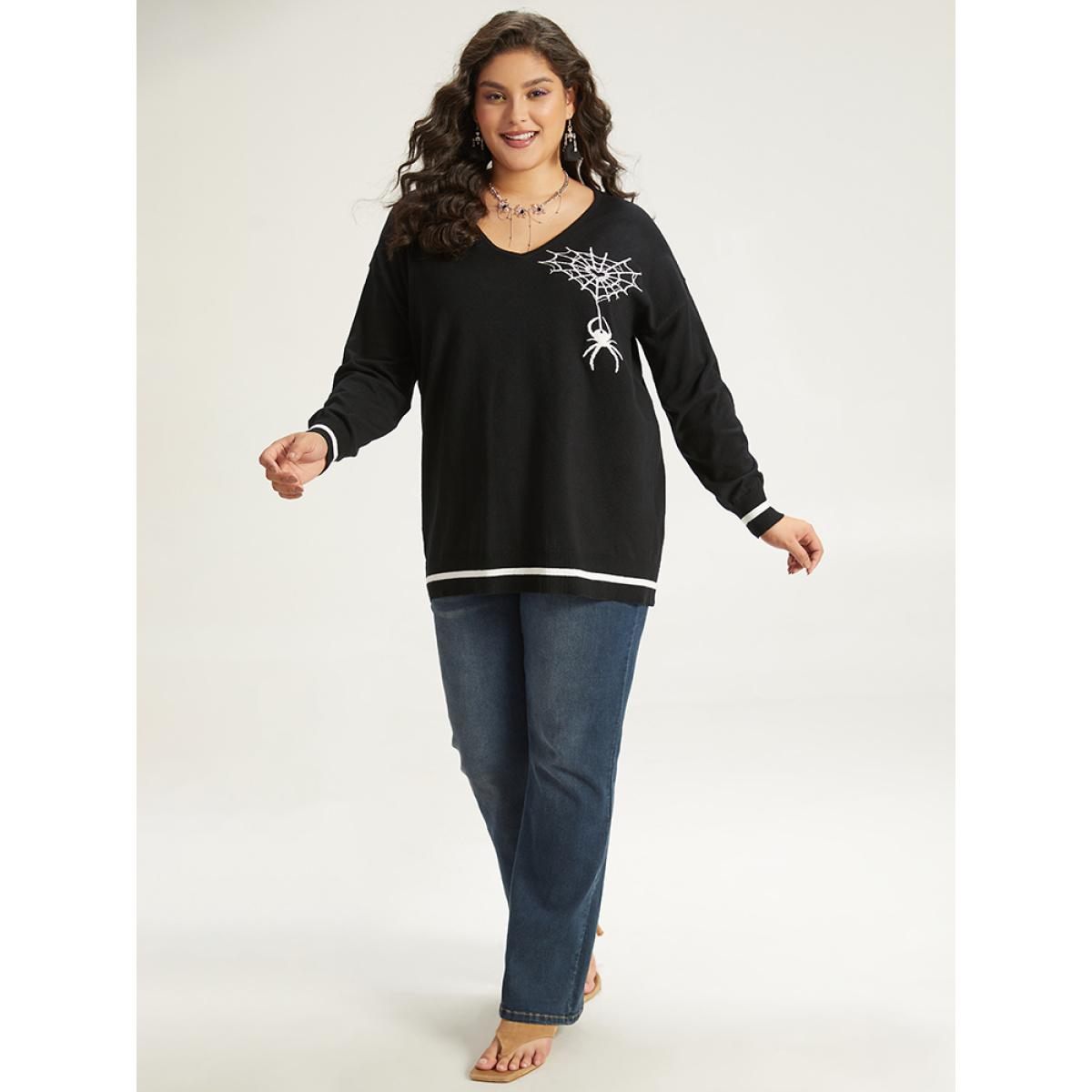Plus Size Halloween Supersoft Essentials Spider Web Print Contrast Trim Pullover Black Women Casual Loose Long Sleeve V-neck Festival-Halloween Pullovers BloomChic 28/5X Product Image