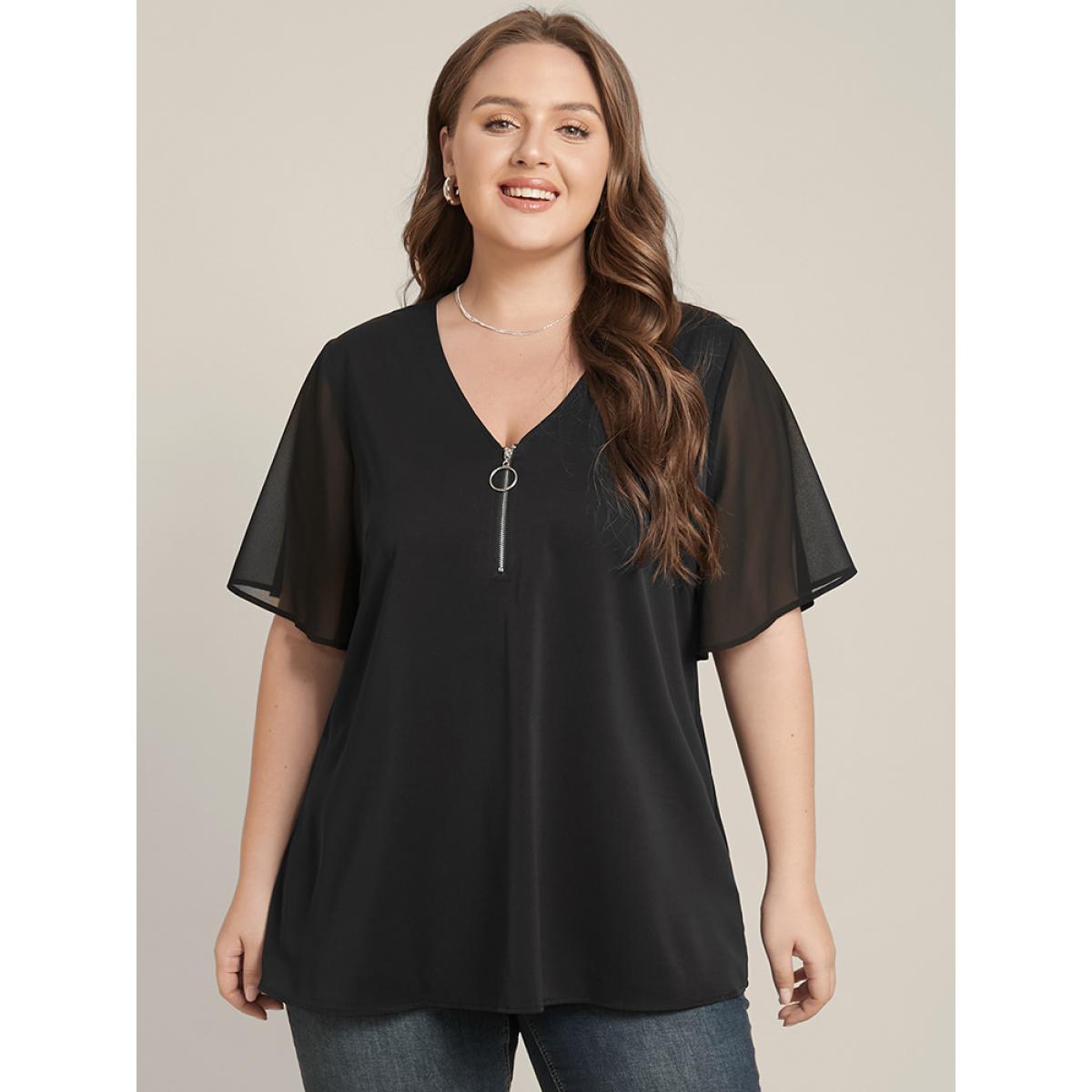 Plus Size Black Solid O Ring Zipper Mesh Ruffle Sleeve V Neck Blouse Women Office Short sleeve V-neck Work Blouses BloomChic 22-24/3X Product Image