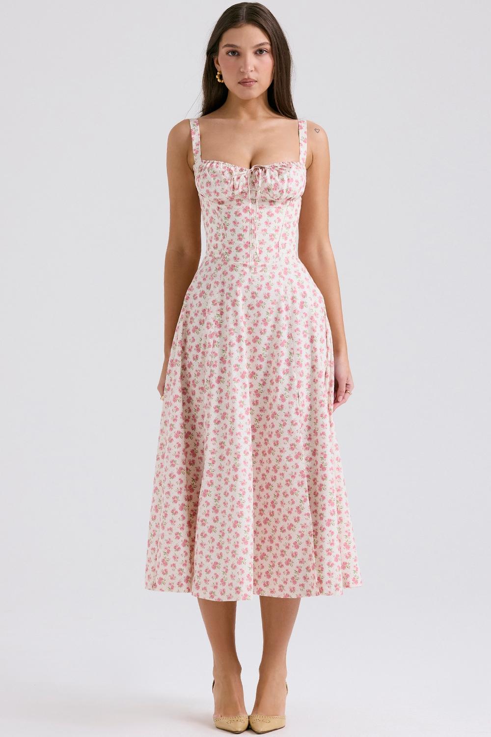 Carmen  white rosebud print cotton bustier sundress Product Image