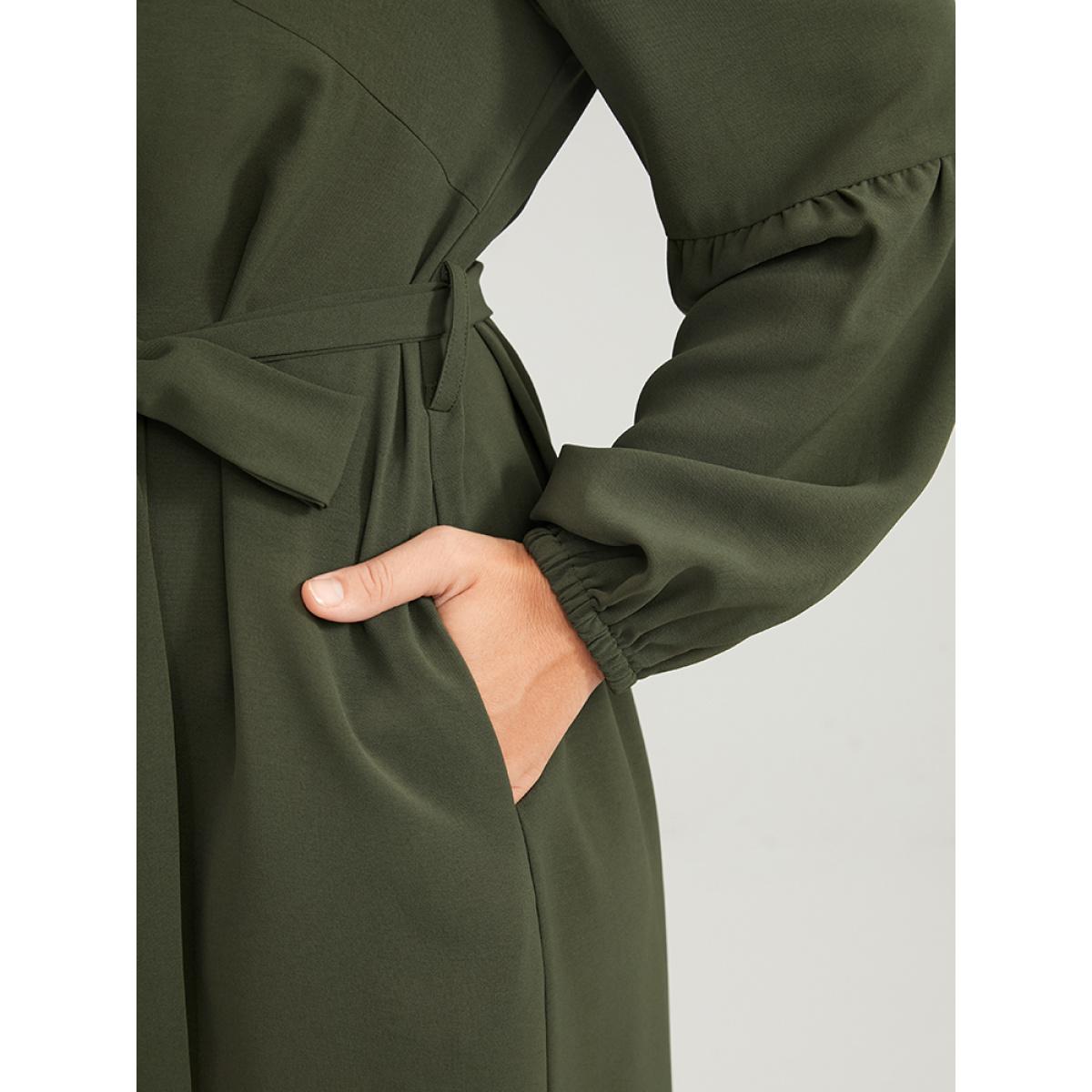 Plus Size Solid Lantern Sleeve Button Pocket Belted Arc Hem Dress ArmyGreen Women Office Belted Round Neck Long Sleeve Curvy Midi Dress BloomChic 12/L Product Image
