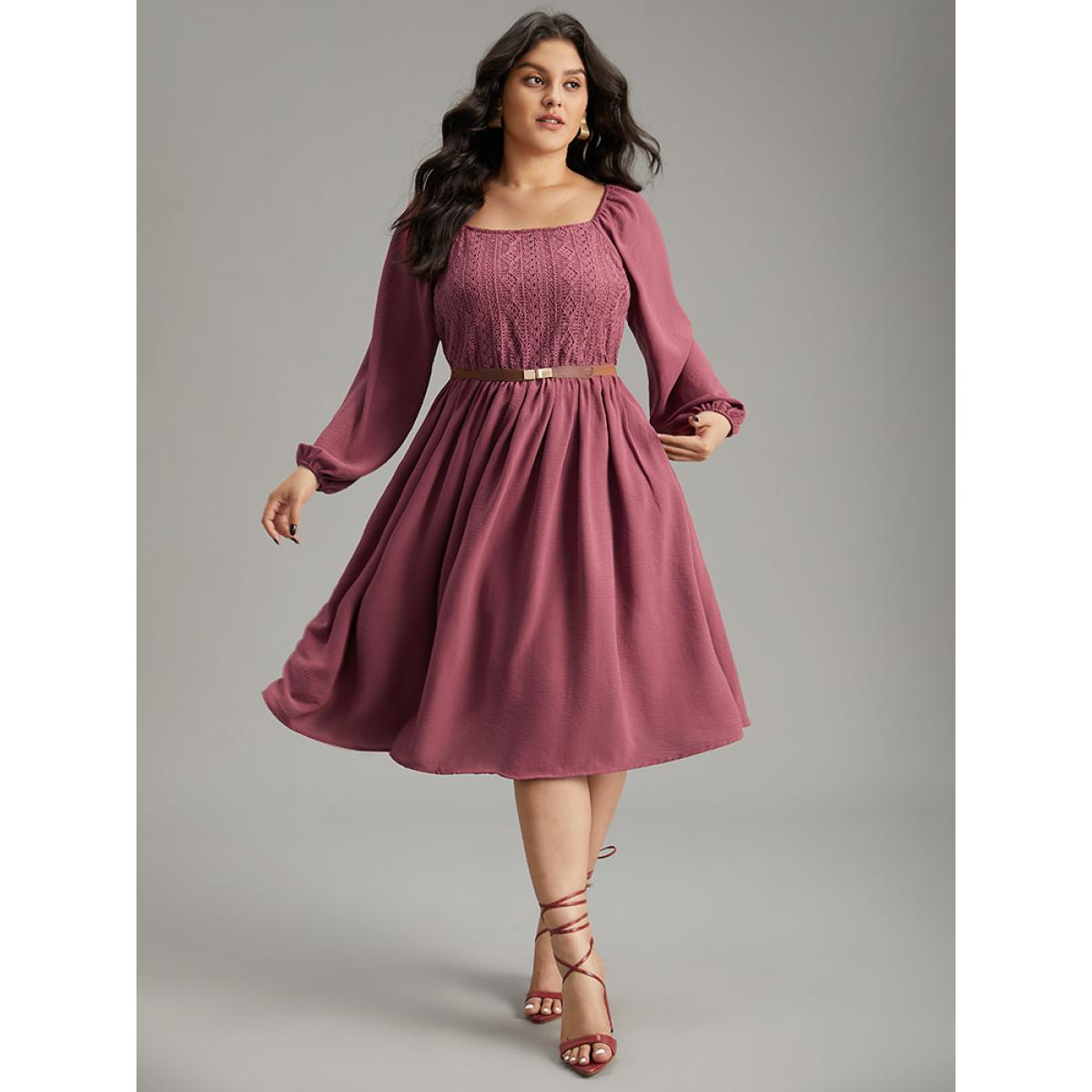 Plus Size Crochet Lace Square Neck Elastic Cuffs Dress DustyPink Women Elegant Elastic cuffs Square Neck Long Sleeve Curvy Midi Dress BloomChic 14-16/1X Product Image