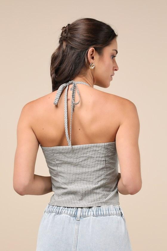 Chic Perception Olive Green Striped Button-Front Halter Top Product Image