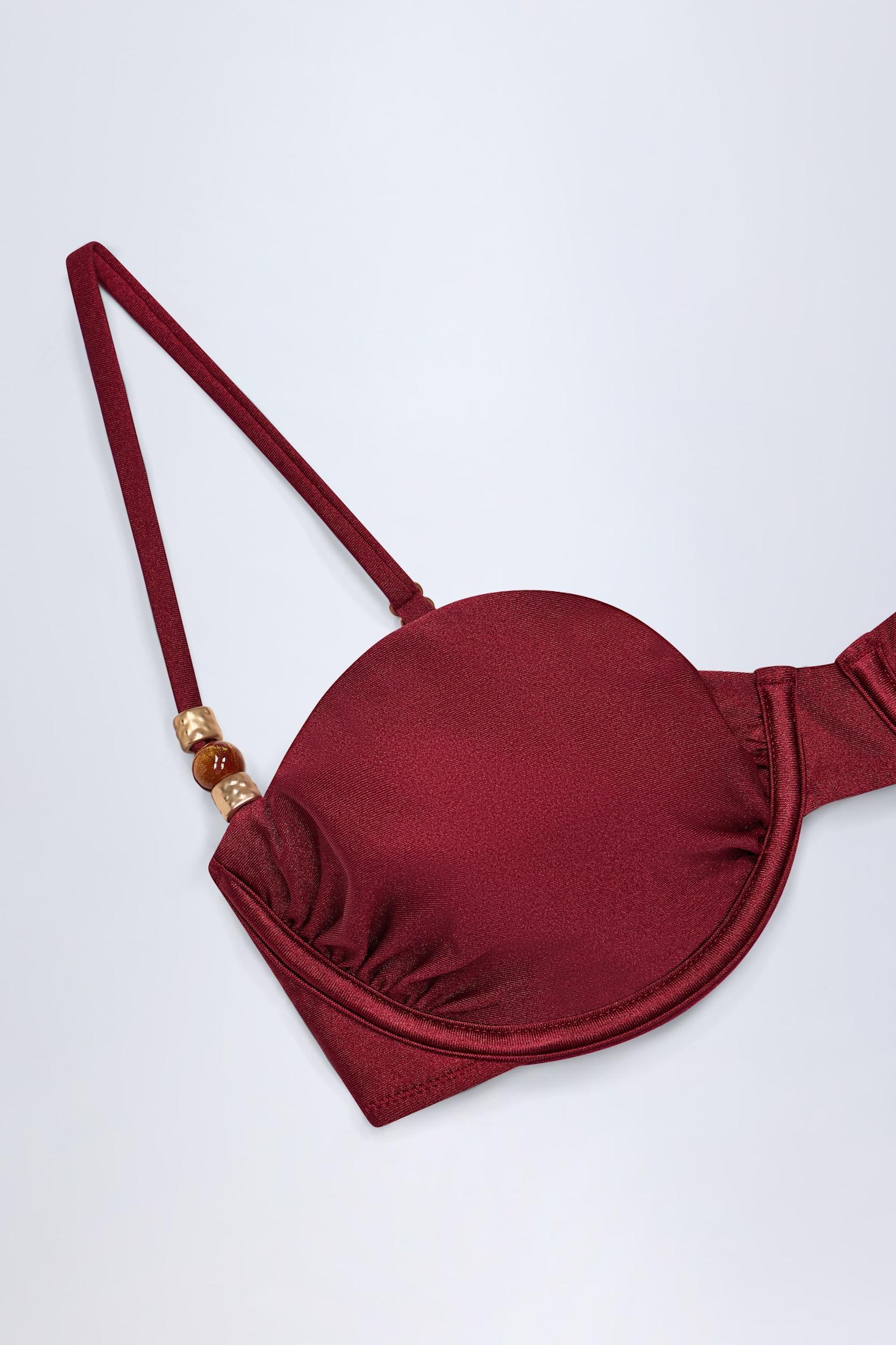 Bead-Embellished Ruched Underwired Bikini Top in Dark Cherry Product Image