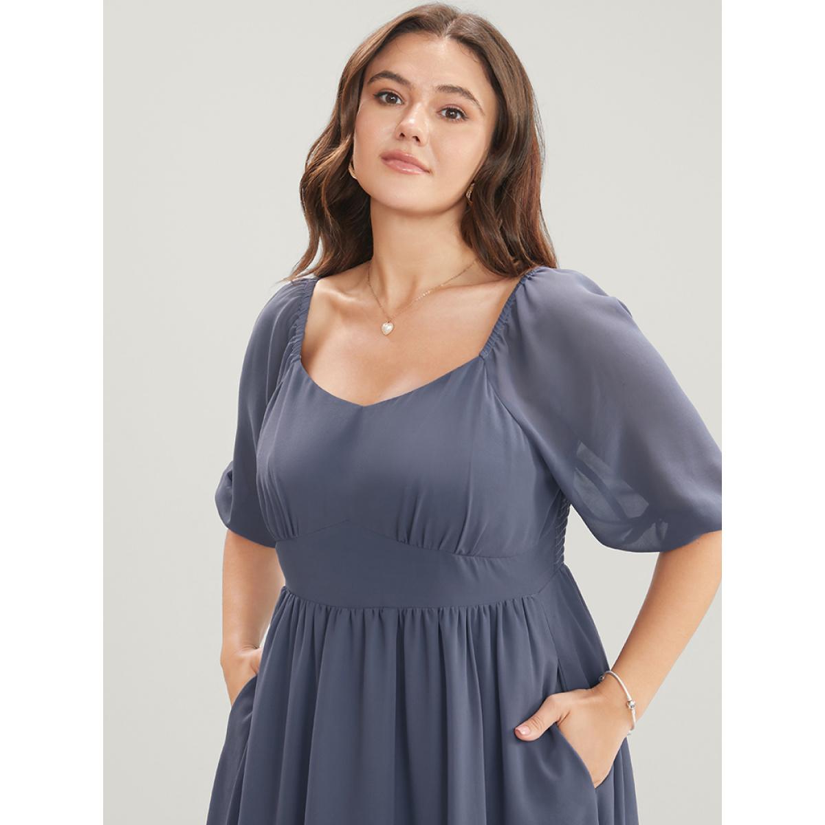 Plus Size Solid Pocket Mesh Lantern Sleeve Shirred Back Ruffles Tiered Dress Stone Women Elegant Gathered V-neck Half Sleeve Curvy Midi Dress BloomChic 28/5X Product Image