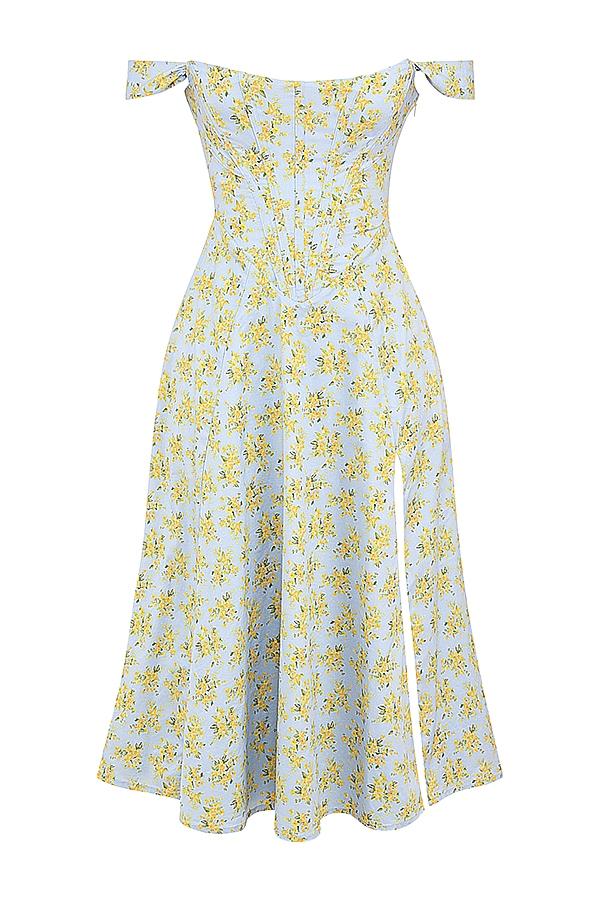 Saira  soft blue vintage floral print cotton midi sundress Product Image