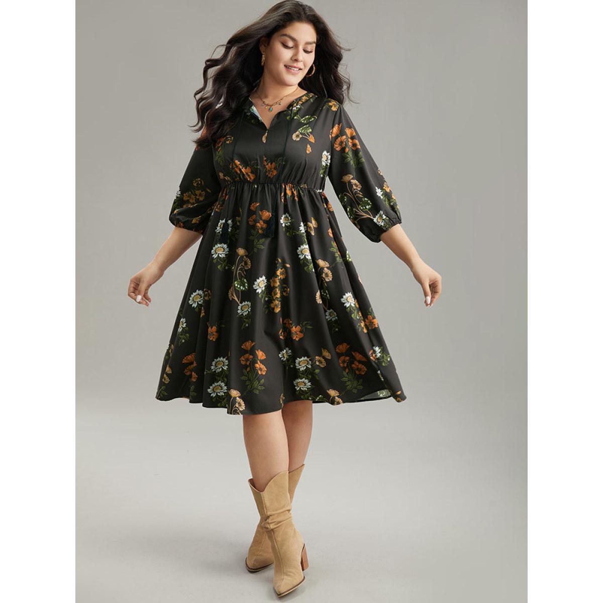 Plus Size Floral Tassel Trim Gathered Knot Neck Dress Black Women Vacation Elastic cuffs Tie Neck Elbow-length sleeve Curvy Knee Dress BloomChic 30/6X Product Image