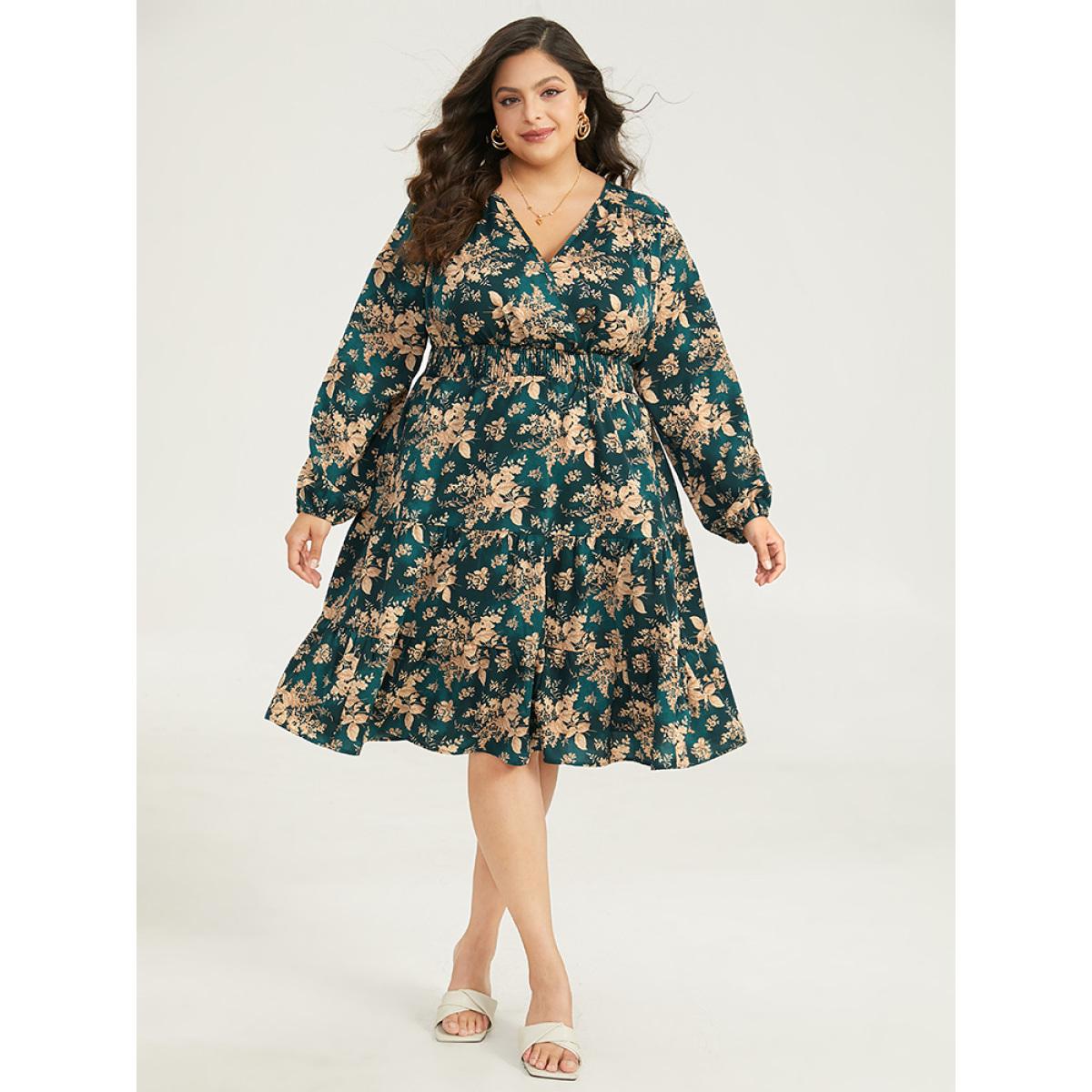 Plus Size Silhouette Floral Print Surplice Neck Shirred Dress Cyan Women Elegant Elastic cuffs V-neck Long Sleeve Curvy Midi Dress BloomChic 14-16/1X Product Image