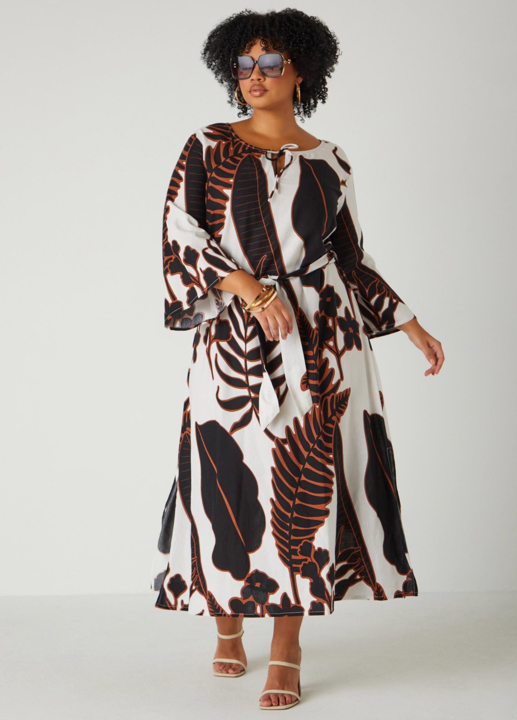Belted Leaf Print Maxi Dress Product Image