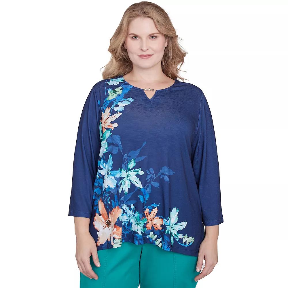 Plus Size Alfred Dunner Asymmetric Floral Beaded Neck Split Neck Top, Women's, Size: 3XL, Marine Blue Product Image