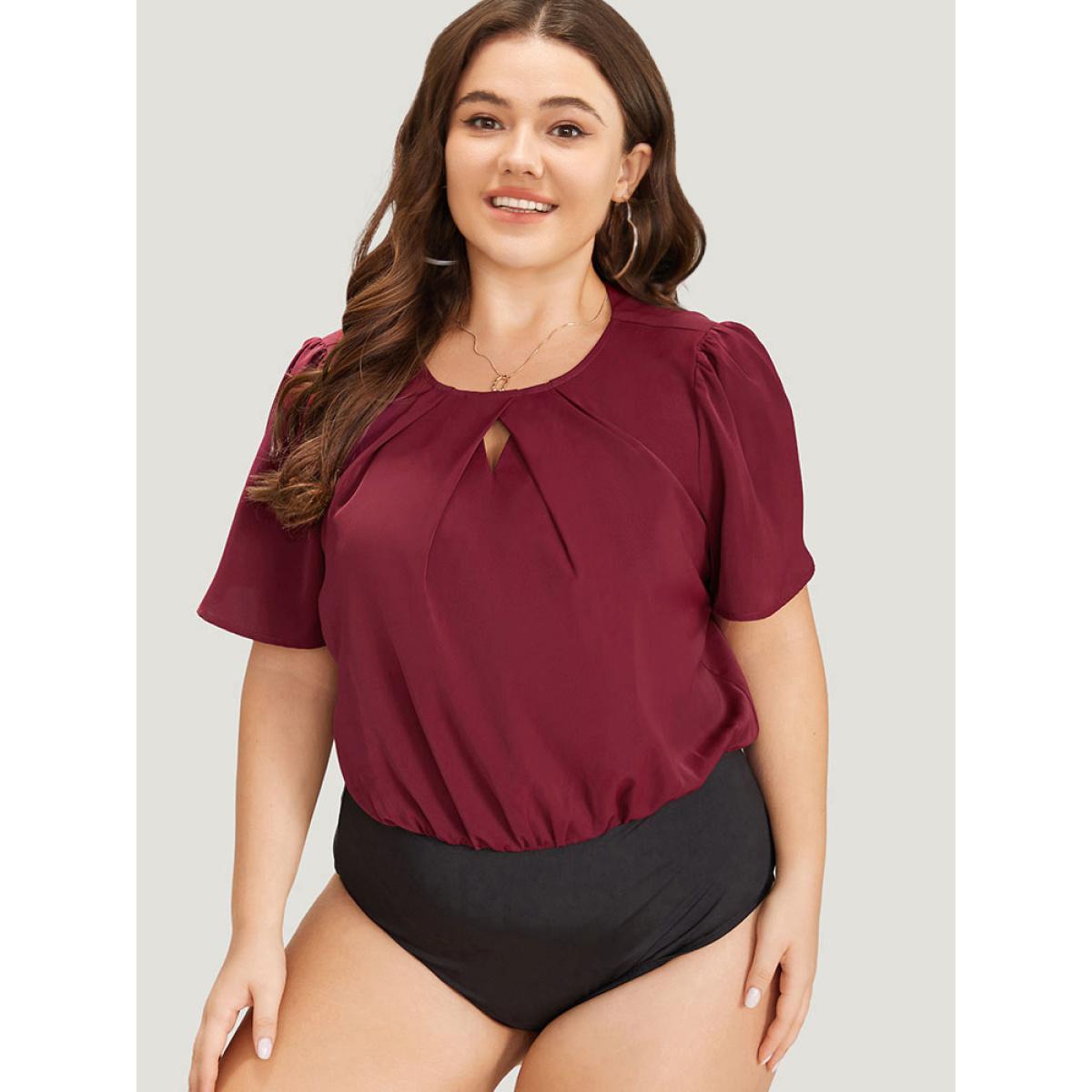 Plus Size Plain Keyhole Plicated Detail Puff Sleeve Bodysuit Women Burgundy Plain Keyhole Bodysuits BloomChic 28/5X Product Image