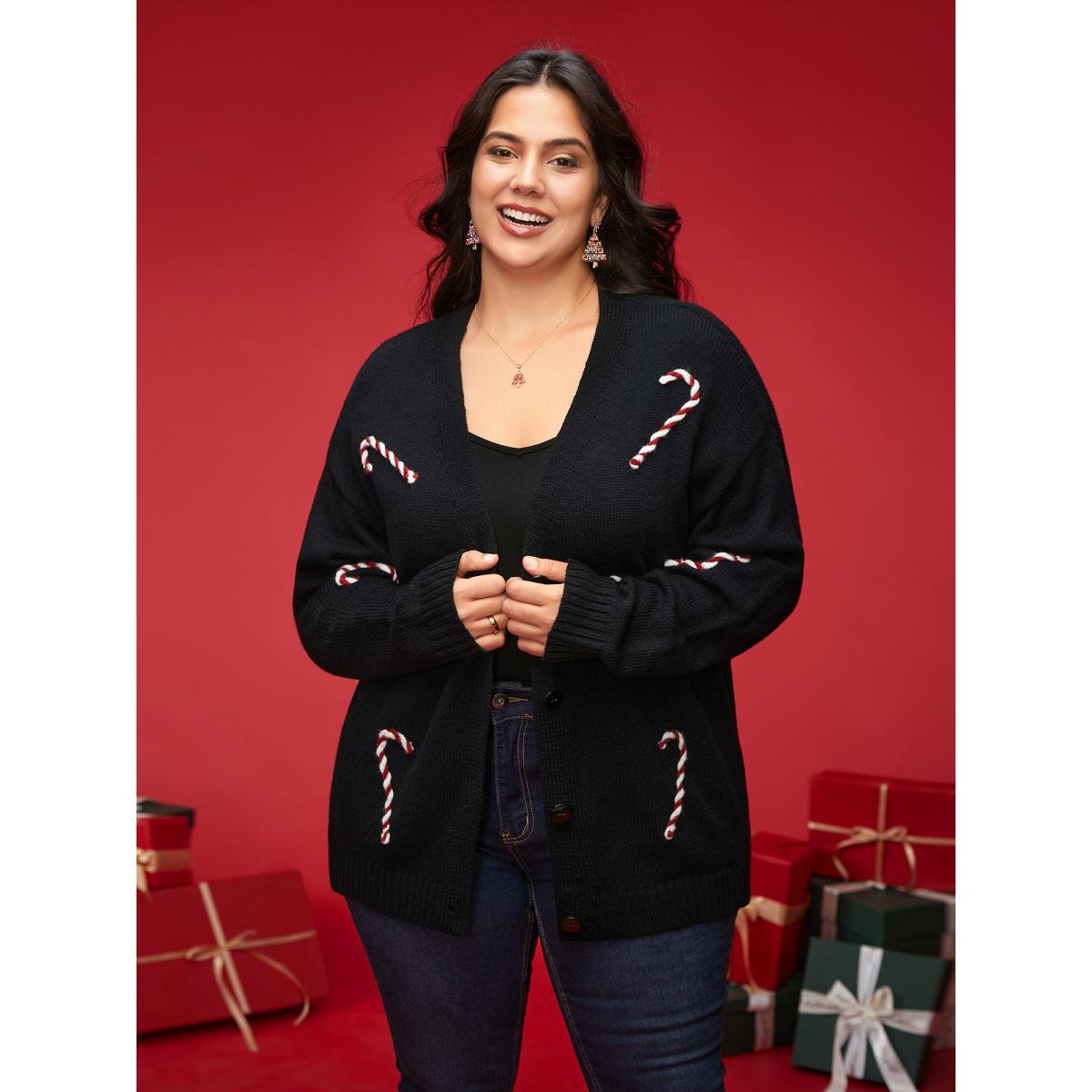 Plus Size Hand Crocheted Candy Cane V-neck Cardigan Black Women Casual Loose Long Sleeve Everyday Cardigans BloomChic 28/5X Product Image