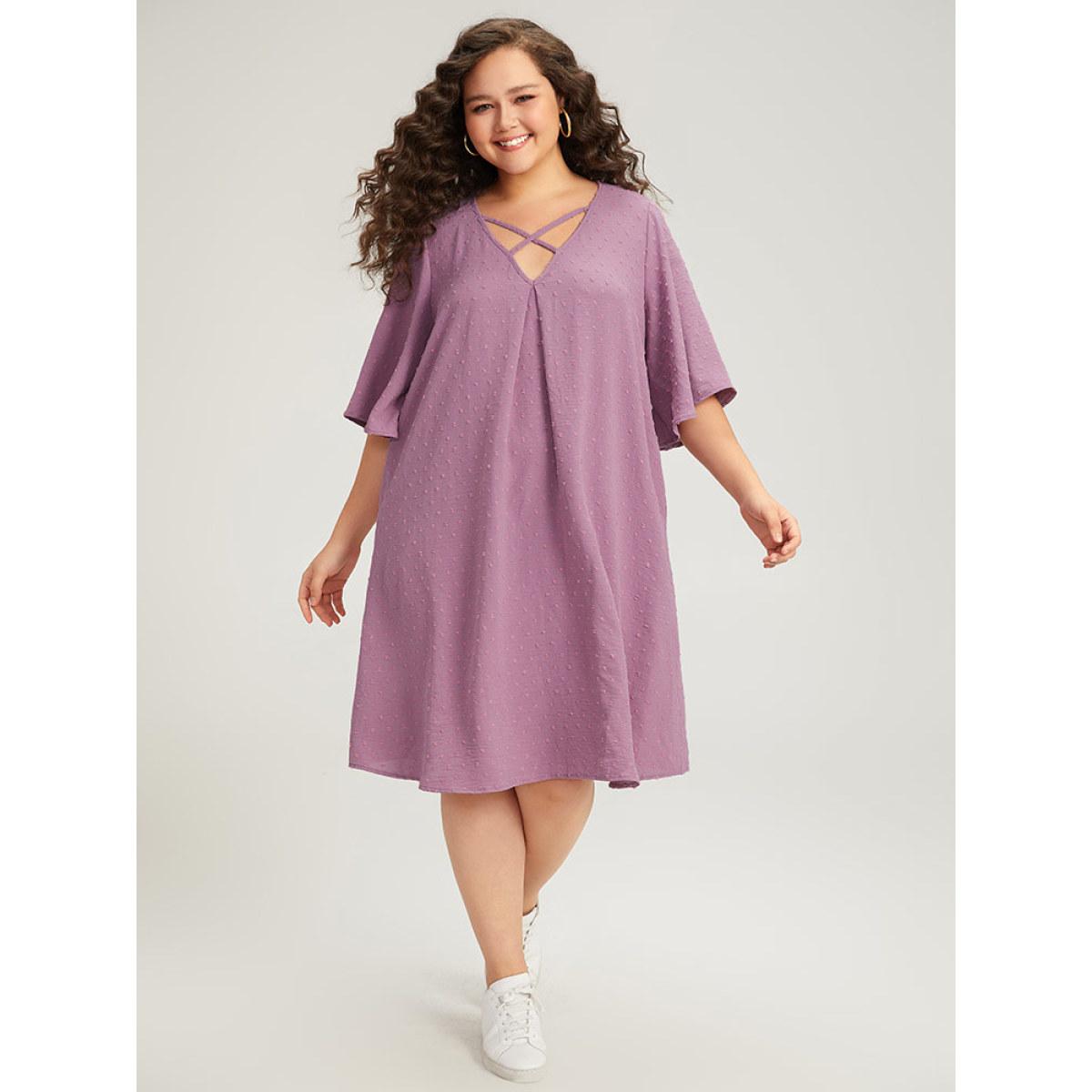 Plus Size Plain Textured Plicated Detail Crisscross Ruffle Sleeve Dress Lilac Women Casual Texture V-neck Half Sleeve Curvy Midi Dress BloomChic 14-16/1X Product Image