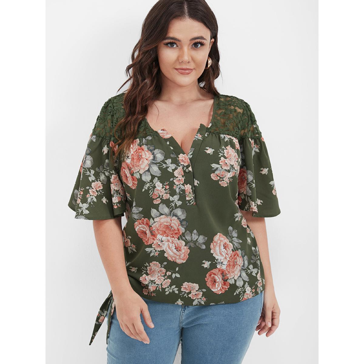 Plus Size Green Floral Contrast Lace Knotted Side Ruffled Blouse Women Elegant Half Sleeve V-neck Dailywear Blouses BloomChic 10/M Product Image