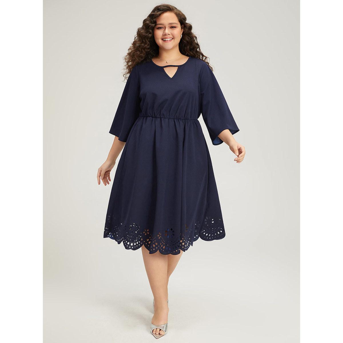 Plus Size Plain Keyhole Pocket Laser Cut Dress Navy Women Office Plain Notched collar Elbow-length sleeve Curvy Midi Dress BloomChic 28/5X Product Image