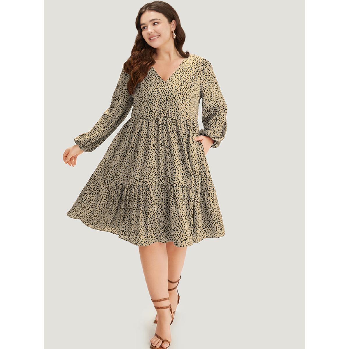 Plus Size Leopard Lantern Sleeve V Neck Pocket Dress Tan Women Elegant Elastic cuffs V-neck Long Sleeve Curvy Midi Dress BloomChic 10/M Product Image