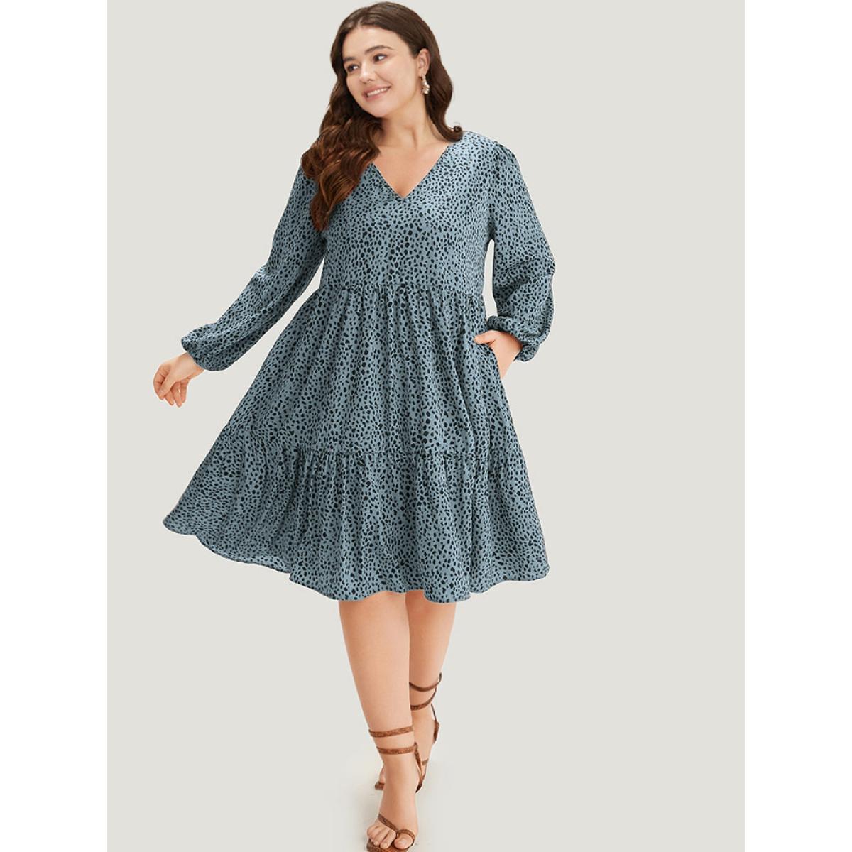 Plus Size Leopard Lantern Sleeve V Neck Pocket Dress Chocolate Women Elegant Elastic cuffs V-neck Long Sleeve Curvy Midi Dress BloomChic 26/4X Product Image