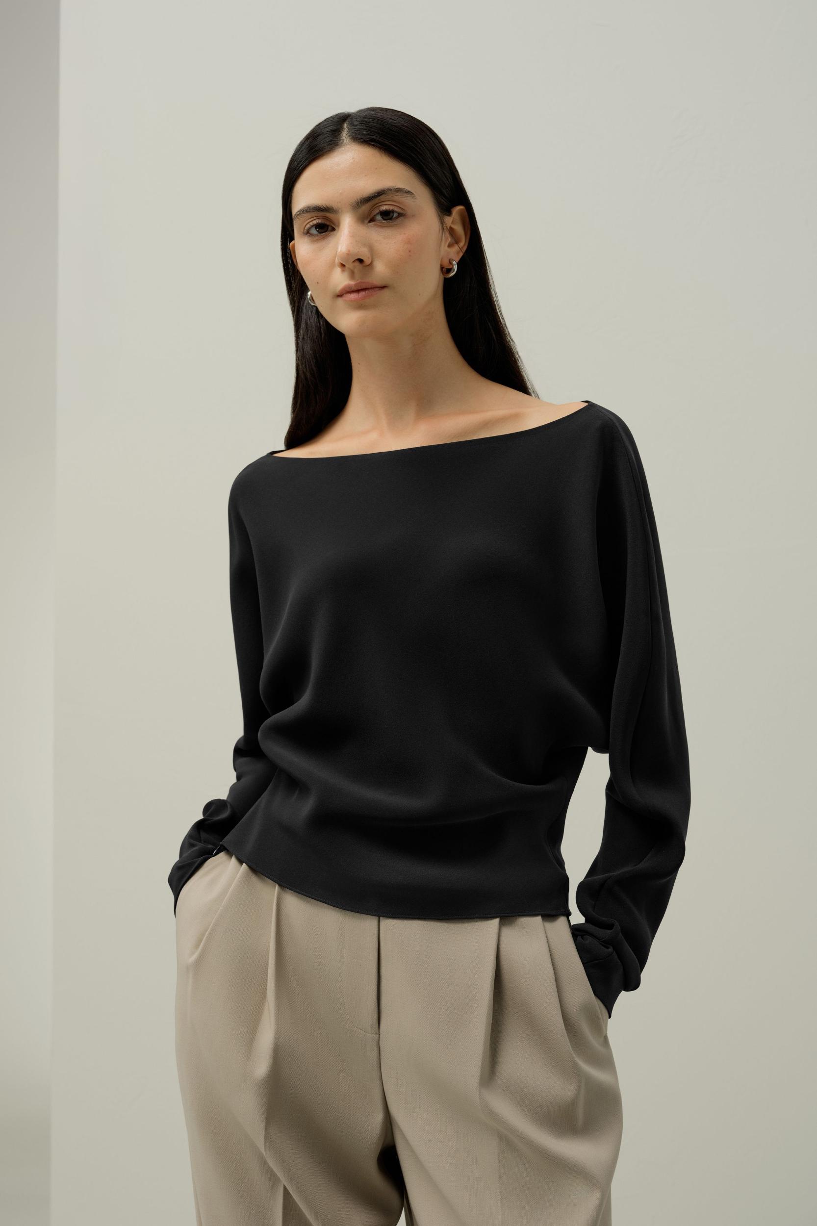 Long Sleeve Gathered Silk Top Product Image
