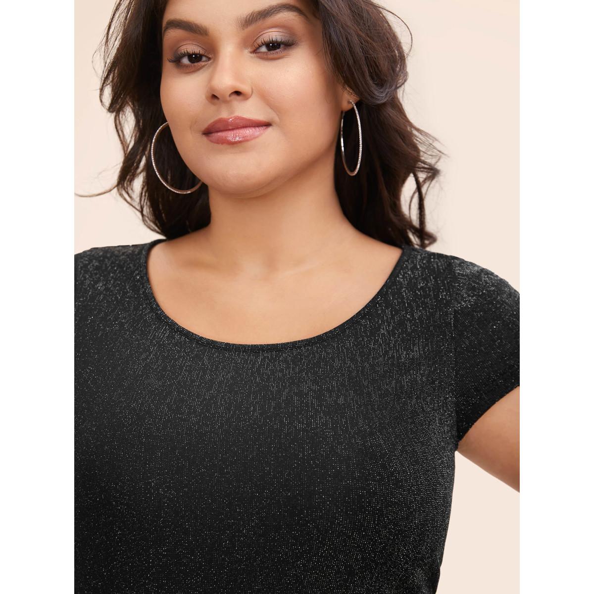 Plus Size Glitter Textured Boat Neck Slim-Fit T-Shirt Black Women Elegant Gathered Boat Neck Skinny Everyday T-shirts BloomChic 14-16/1X Product Image