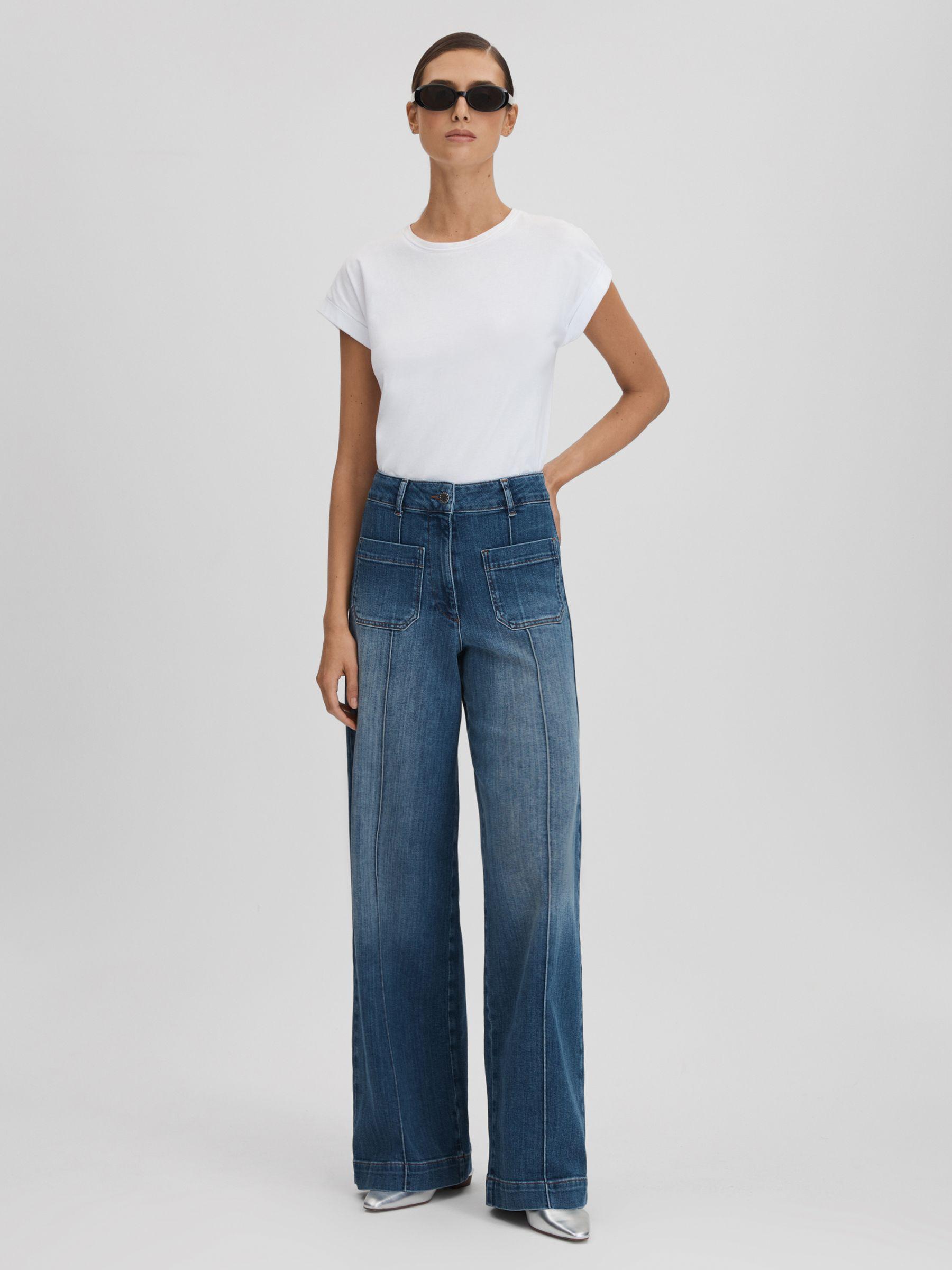 Petite Front Pocket Wide Leg Jeans in Mid Blue Product Image