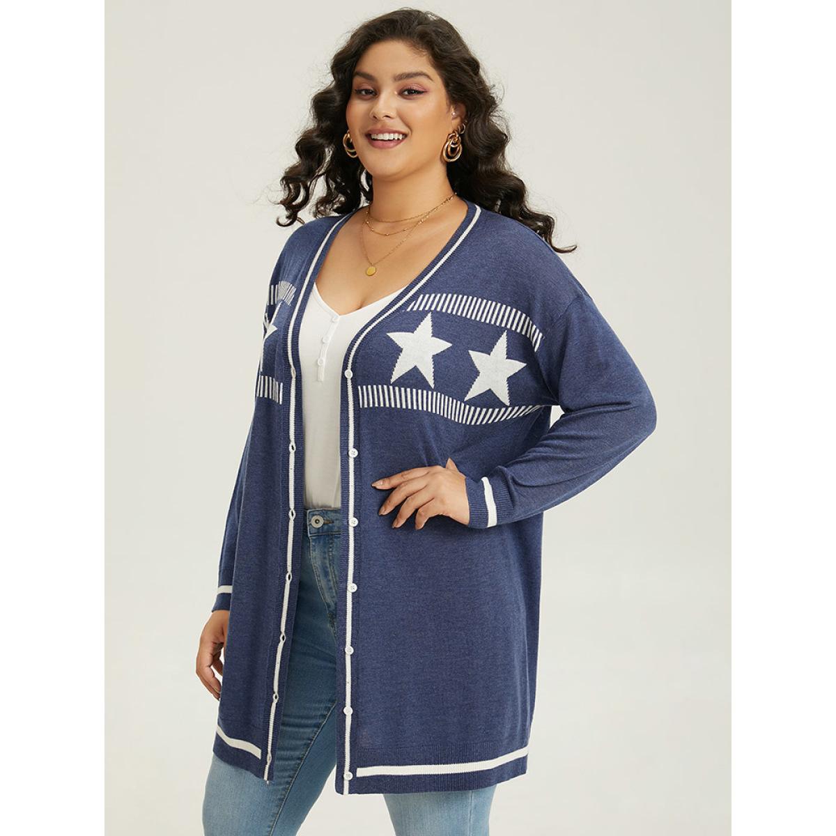 Plus Size Supersoft Essentials Star Contrast Trim Button Through Cardigan Aegean Women Casual Loose Long Sleeve Dailywear Cardigans BloomChic 30/6X Product Image