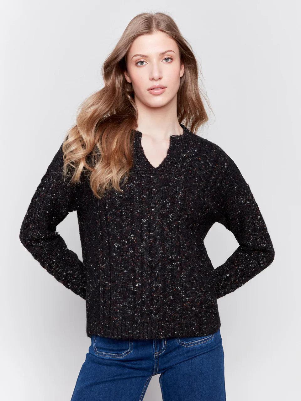 Speckled Yarn Cable Knit Sweater - Black Product Image