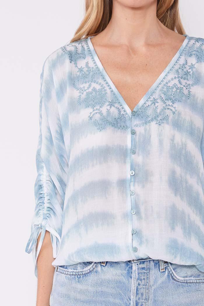 Embroidered Button Front V Neck Blouse Product Image