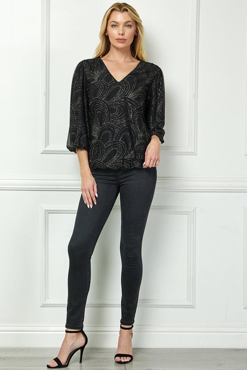 3/4 Button Tab Sleeve Pintuck Mandarin Collar Popover Blouse in Black Product Image