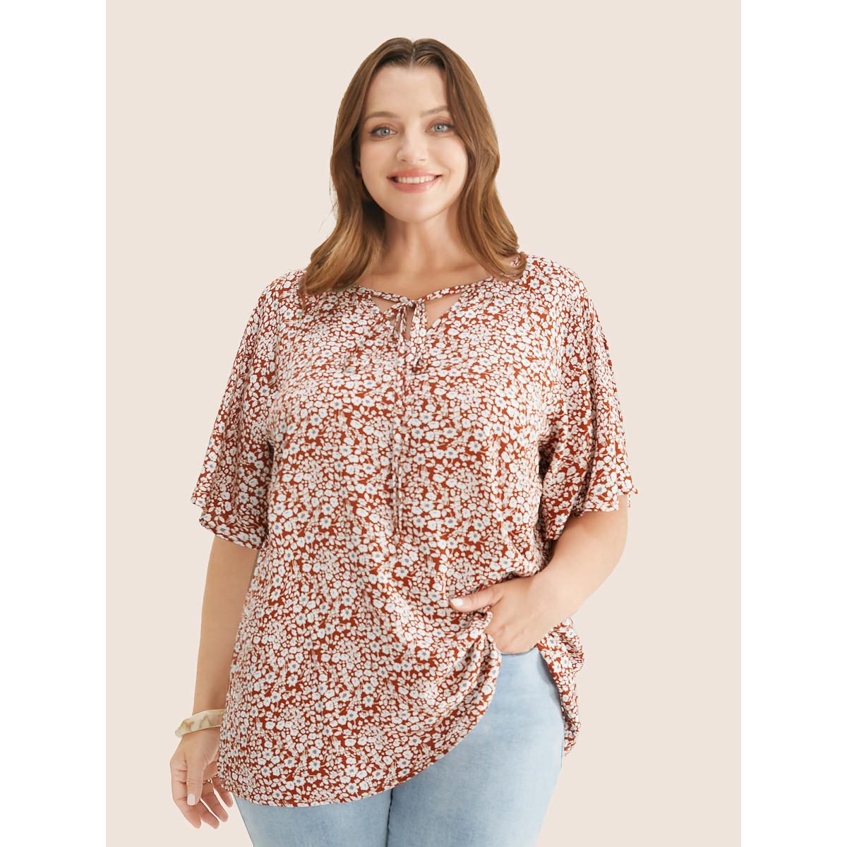 Plus Size Maroon Ditsy Floral Ruffle Sleeve Tie Neck Blouse Women Elegant Short sleeve V-neck Everyday Blouses BloomChic 22-24/3X Product Image