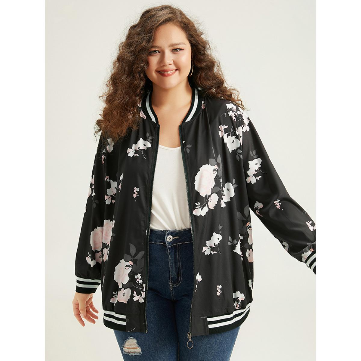 Plus Size Floral Contrast Trim O Ring Zipper Jacket Women Black Elastic cuffs Dailywear Jackets BloomChic 10/M Product Image