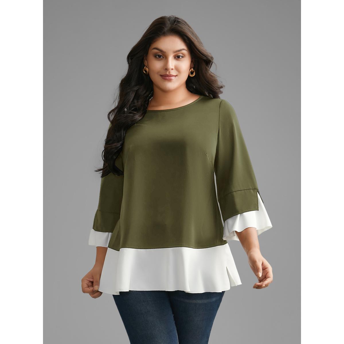 Plus Size ArmyGreen Contrast Patchwork Bell Sleeve Blouse Women Elegant Elbow-length sleeve Round Neck Everyday Blouses BloomChic 12/L Product Image