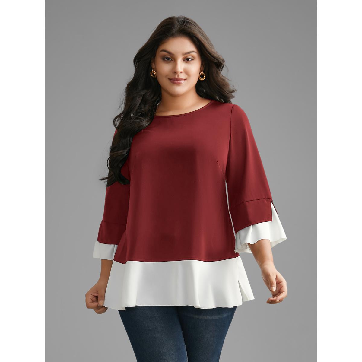 Plus Size Scarlet Contrast Patchwork Bell Sleeve Blouse Women Elegant Elbow-length sleeve Round Neck Everyday Blouses BloomChic 12/L Product Image