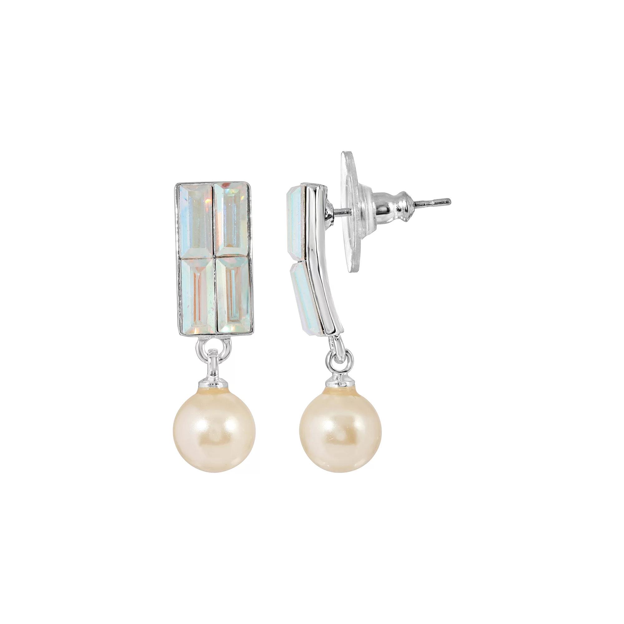 1928 Silver Tone Shimmer Crystal Simulated Pearl Drop Earrings, Women's, White Product Image