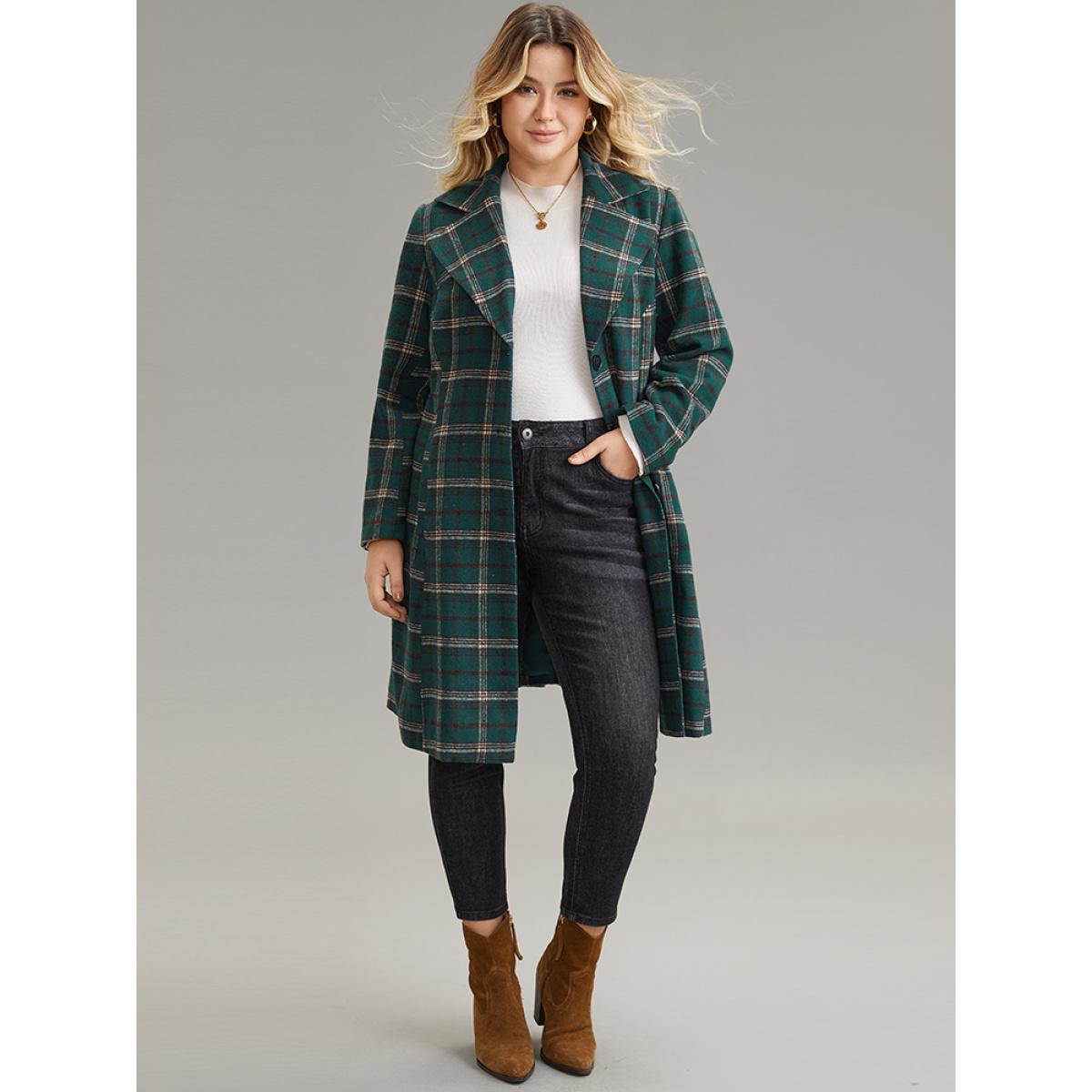 Plus Size Plaid Button Up Pocket Lapel Collar Coat Women Green Party Lined Ladies Dailywear Winter Coats BloomChic 30/6X Product Image
