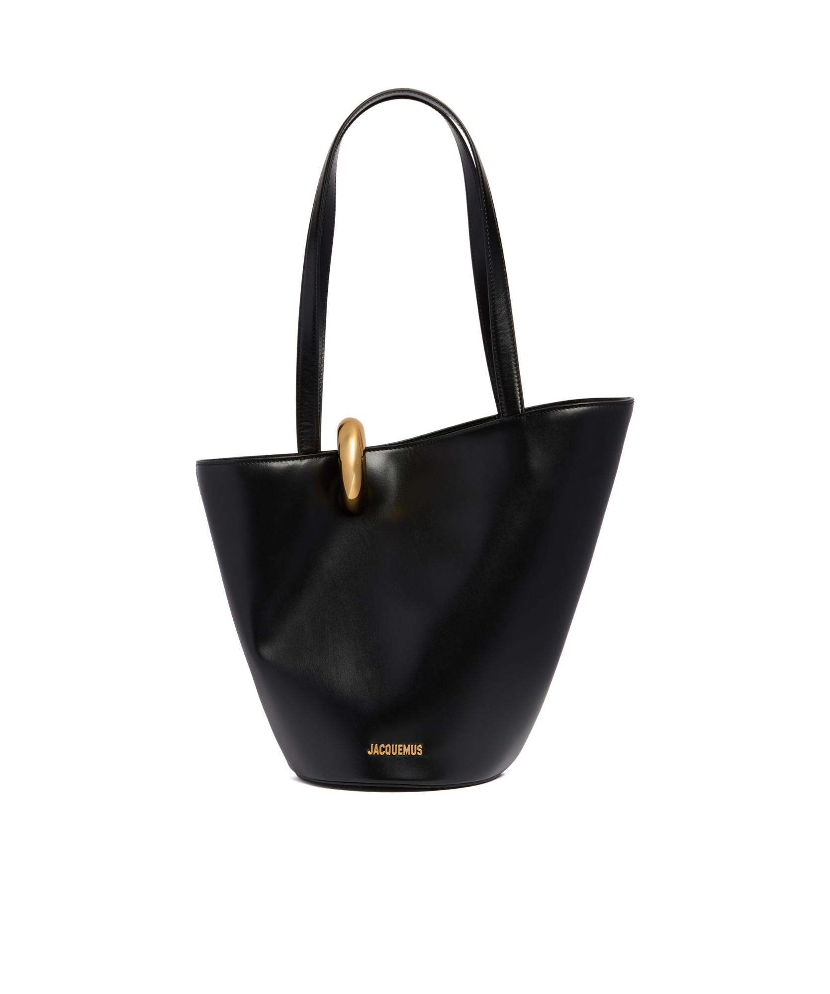 JACQUEMUS The Medium Bambola Asymmetric Leather Bucket Bag In Black 990 Product Image