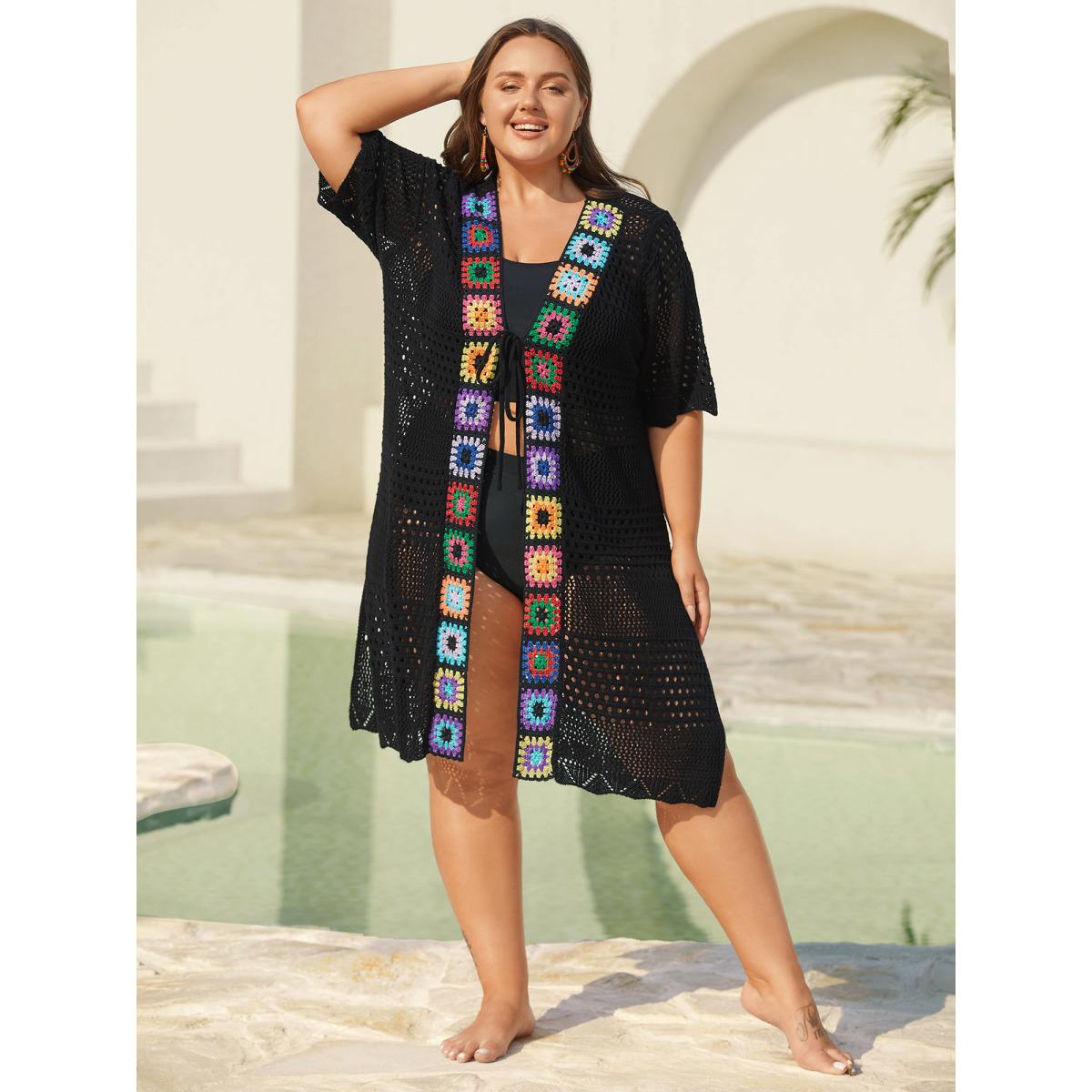 Plus Size Crocheted Cut-Out Tied Swim Cover-Up Women's Swimwear Black Beach Loose Texture Curve Swim Cover Ups BloomChic 28/5X Product Image