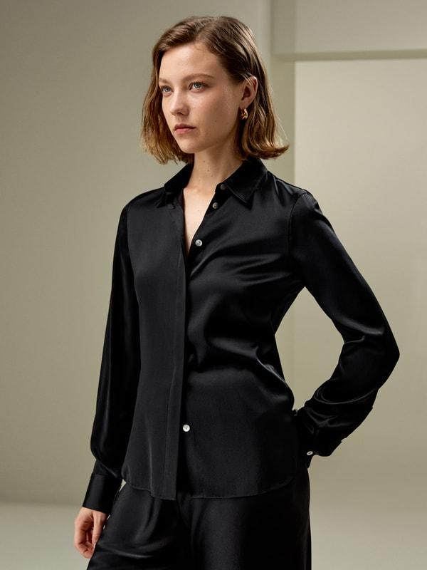 LILYSILK Silk Shirt Women - Black Natural Silk - Gorgeous Hidden Placket Tops XS Product Image