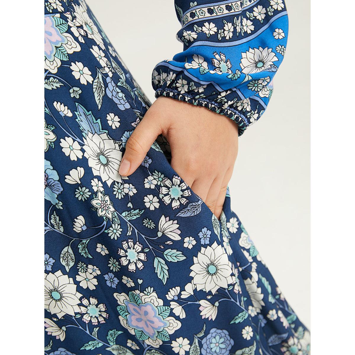 Plus Size Floral Print Pocket Knot Neck Dress Indigo Women Vacation Cross straps Tie Neck Long Sleeve Curvy Midi Dress BloomChic 26/4X Product Image
