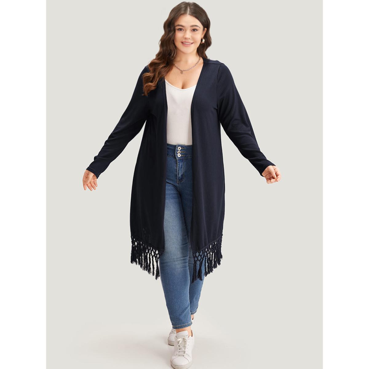Plus Size Plain Patchwork Open Front Tassel Trim Kimono Women DarkBlue Casual Tassels Dailywear Kimonos BloomChic 18-20/2X Product Image